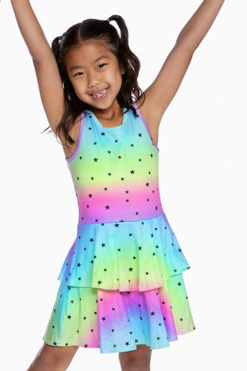 Simply Soft Tank Ruffle Skirt Dress - Rainbow Black Stars