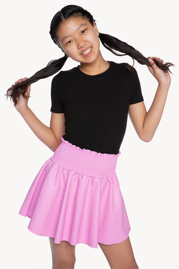 Vegan Leather Smocked Skater Skirt - Candy Pink