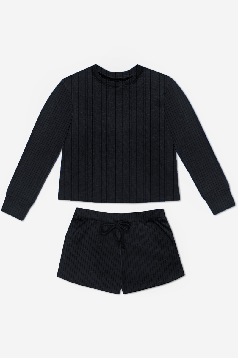 Ribbed Long Sleeve Easy Tee & Dolphin Short - Black