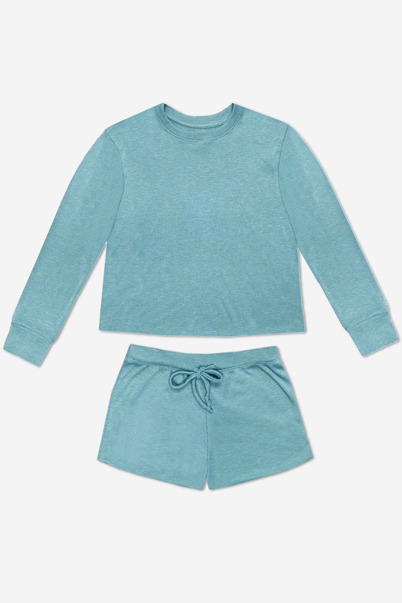 Ribbed Long Sleeve Easy Tee & Dolphin Short - Vintage Teal