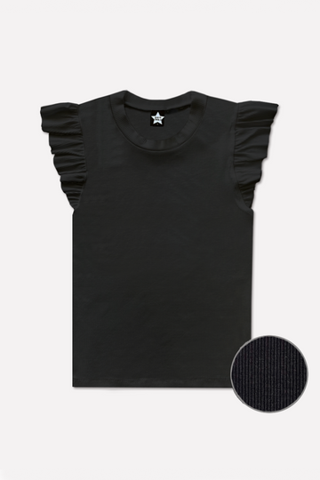 Ribbed Modal Ruffle Sleeve Fitted Tee - Black