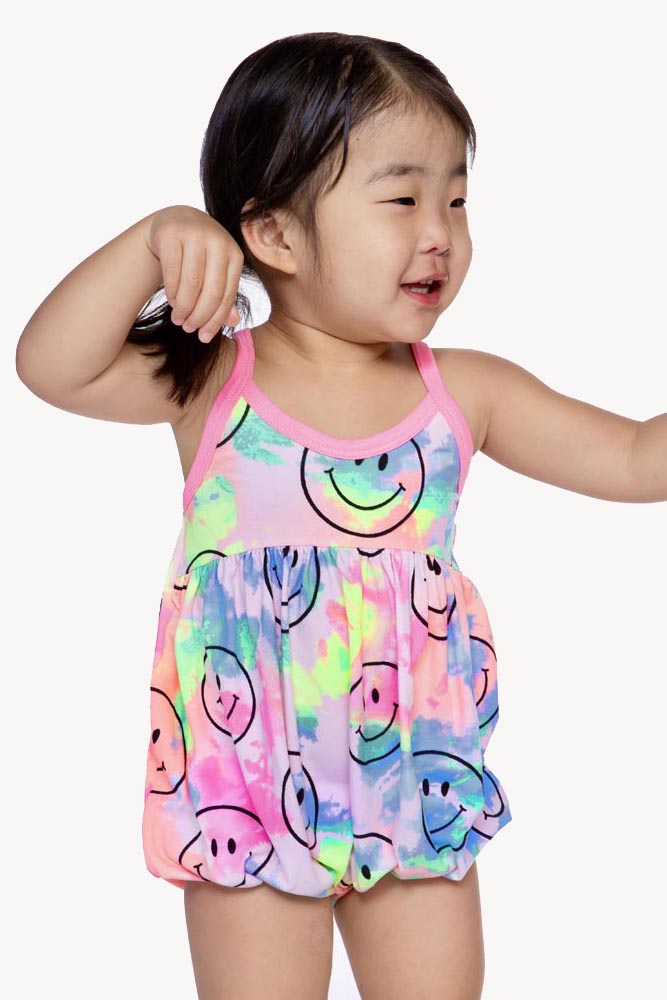 Simply Soft Baby Bubble Romper - Neon Rainbow Smiley