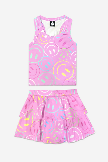 Simply Soft Cropped Racerback Tank & Ruffle Skort - Pink Outline Smiley