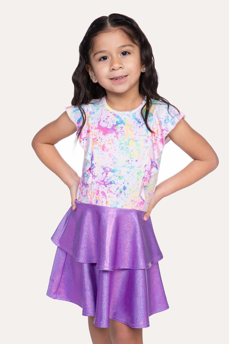 Simply Soft Flutter Ruffle Skirt Dress - Rainbow Splatter Purple Glitter