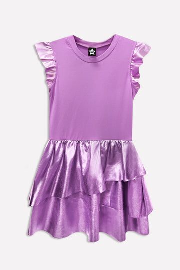Simply Soft Flutter Sleeve Asymmetrical Skirt Dress - Violet Metallic Pleather