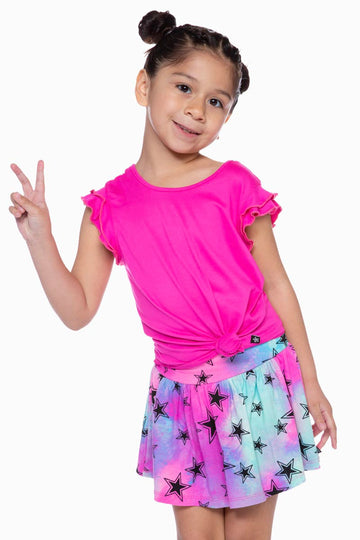 SIMPLY SOFT SHIRRED WAIST SKORT - AQUA PINK TIE DYE STARS