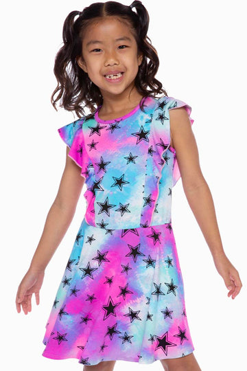 Simply Soft Flutter Sleeve Skater Dress - Aqua Pink Tie Dye Stars