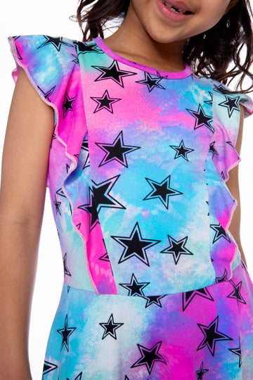 Simply Soft Flutter Sleeve Skater Dress - Aqua Pink Tie Dye Stars