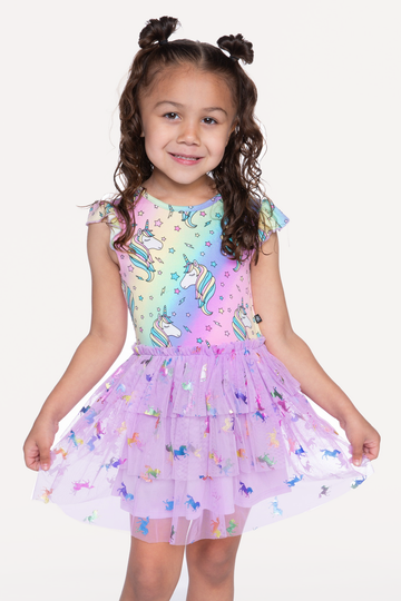 Simply Soft Flutter Sleeve Tiered Tulle Dress - Ombre Unicorn Tulle