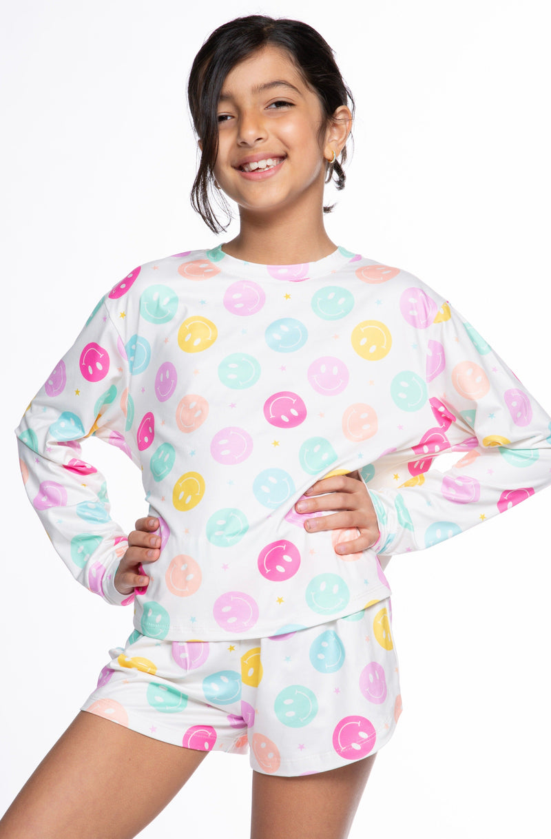 Simply Soft Long Sleeve Easy Tee & Dolphin Short - Ivory Multi Smiley Stars