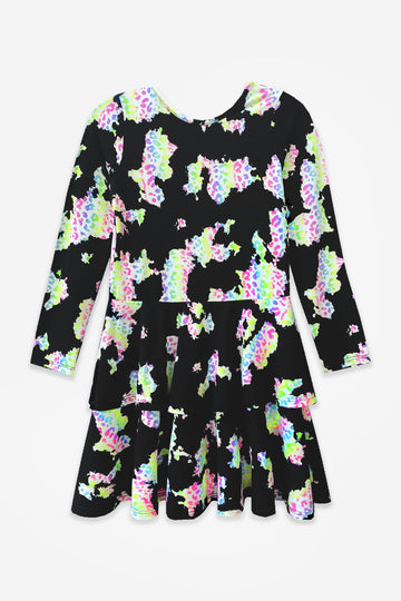 Simply Soft Long Sleeve Ruffle Skirt Dress - Black Rainbow Leopard