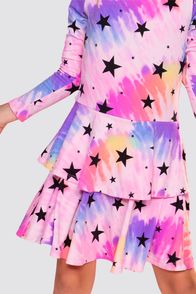 Simply Soft Long Sleeve Ruffle Skirt Dress - Pink Rainbow Stars