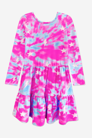 Simply Soft Long Sleeve Tiered Dress - Pink Aqua Star Bolts