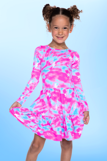 Simply Soft Long Sleeve Tiered Dress - Pink Aqua Star Bolts