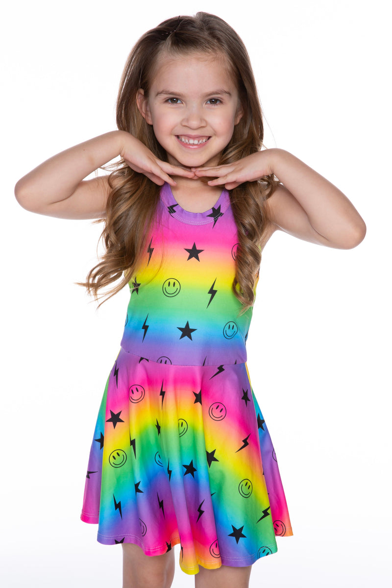 Simply Soft Racerback Skater Dress - Rainbow Smiley Star Bolt