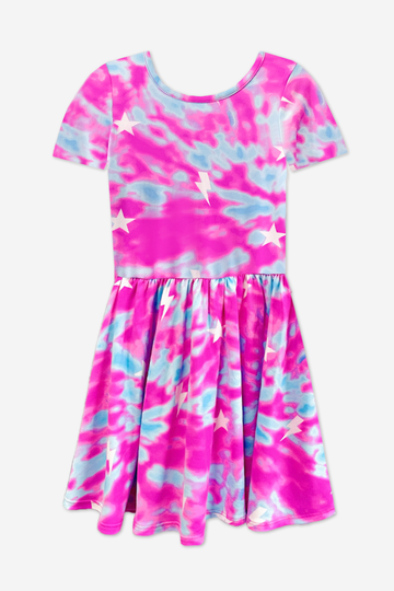 Simply Soft Short Sleeve Scoop Back Be Happy Dress - Pink Aqua Star Bolts