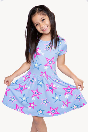 Simply Soft Short Sleeve Be Happy Dress - Chambray Fuchsia Star