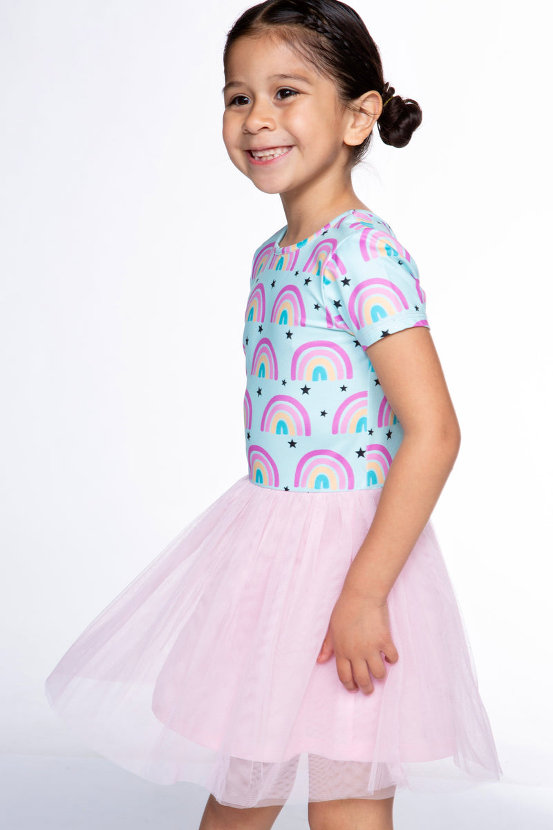 Simply Soft Short Sleeve Be Happy Tulle Dress - Ice Aqua Rainbows