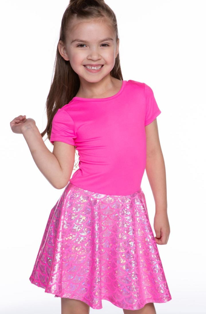 Simply Soft Short Sleeve Skater Dress - Neon Pink Mermaid Glitter