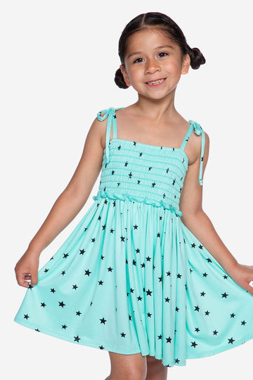 Simply Soft Strappy Smocked Dress - Ice Mint Black Stars