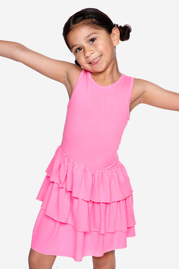 Simply Soft Tank Asymmetrical Triple Ruffle Skirt Dress - Neon Barbie Pink
