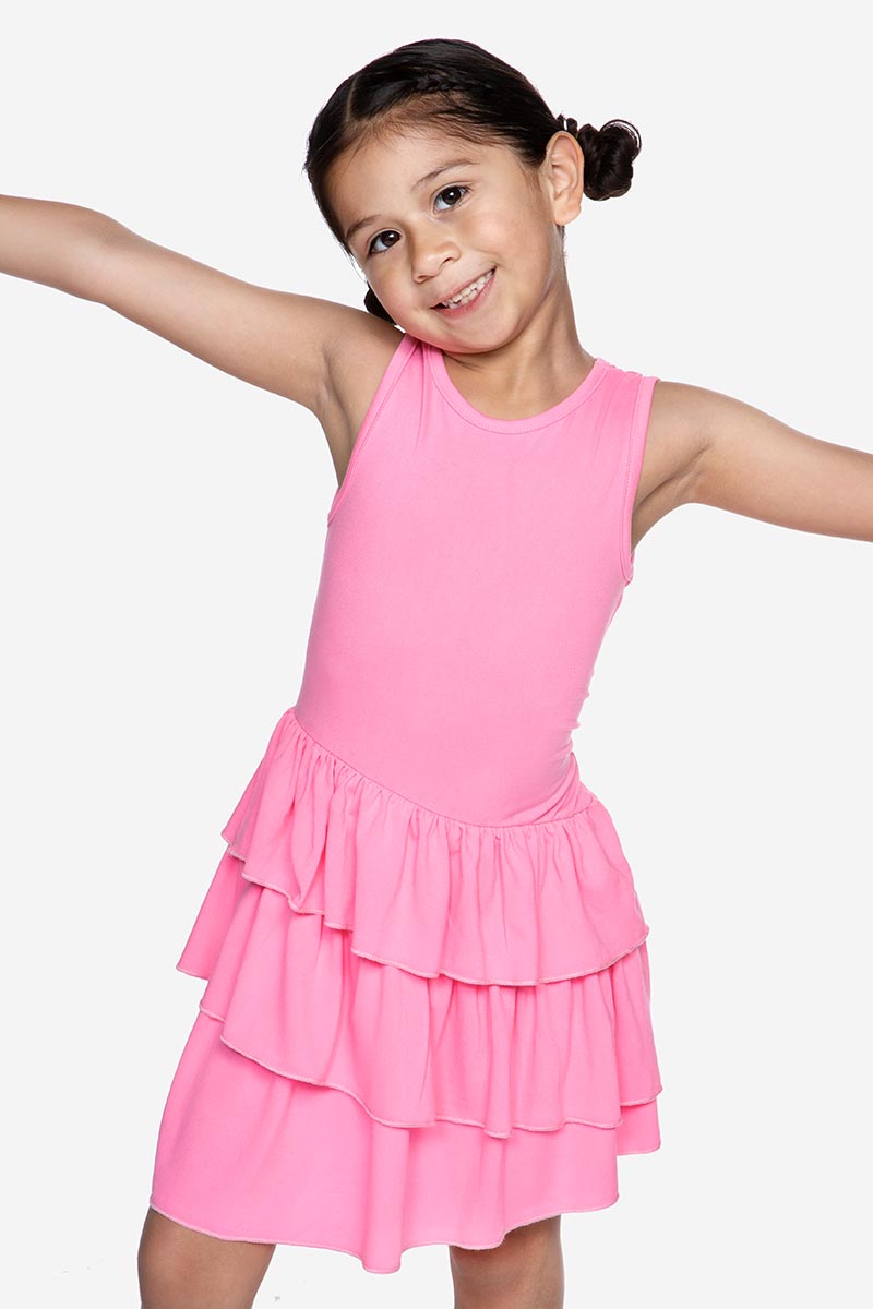 Simply Soft Tank Asymmetrical Triple Ruffle Skirt Dress - Neon Pixie Pink