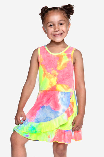 Simply Soft Tank Ruffle Flounce Dress - Neon Sherbet Tie Dye