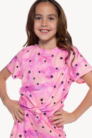 Simply Soft Tie Front Tee - Pink Sherbet Black Stars