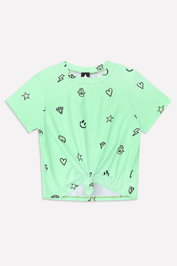 Simply Soft Tie Front Tee - Washed Neon Lime Emojis