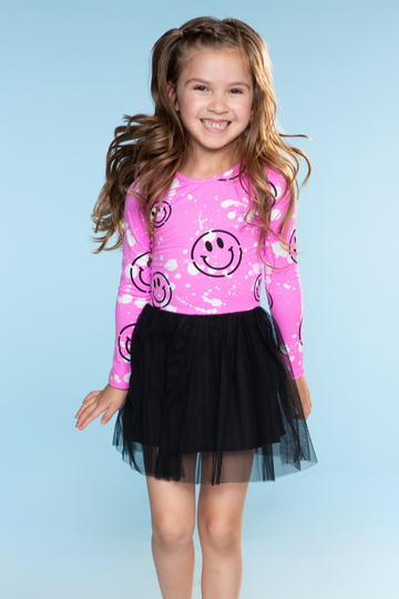 Simply Soft Long Sleeve Be Happy Tulle Dress - Pink Splatter Smile