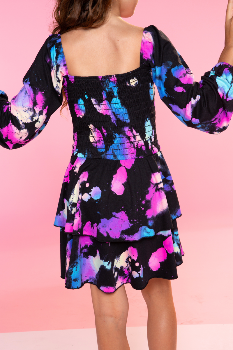 Simply Soft Long Sleeve Smocked Ruffle Skirt Dress - Black Pink Bleach Tie Dye