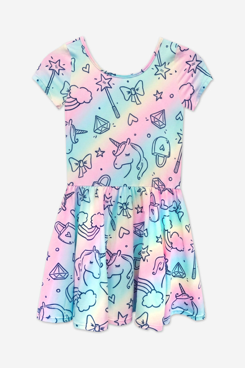 Simply Soft Short Sleeve Scoop Back Be Happy Dress - Pastel Rainbow Unicorn - NEW!