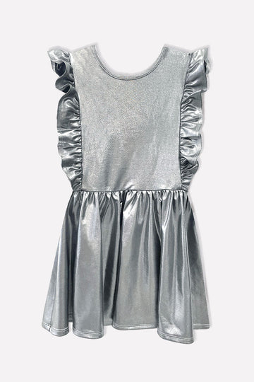 Sleeveless Ruffle Be Happy Dress - Silver Glitter Foil