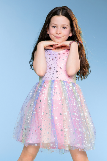 Sleeveless Tulle Dress - Ombre Rainbow Foil Star