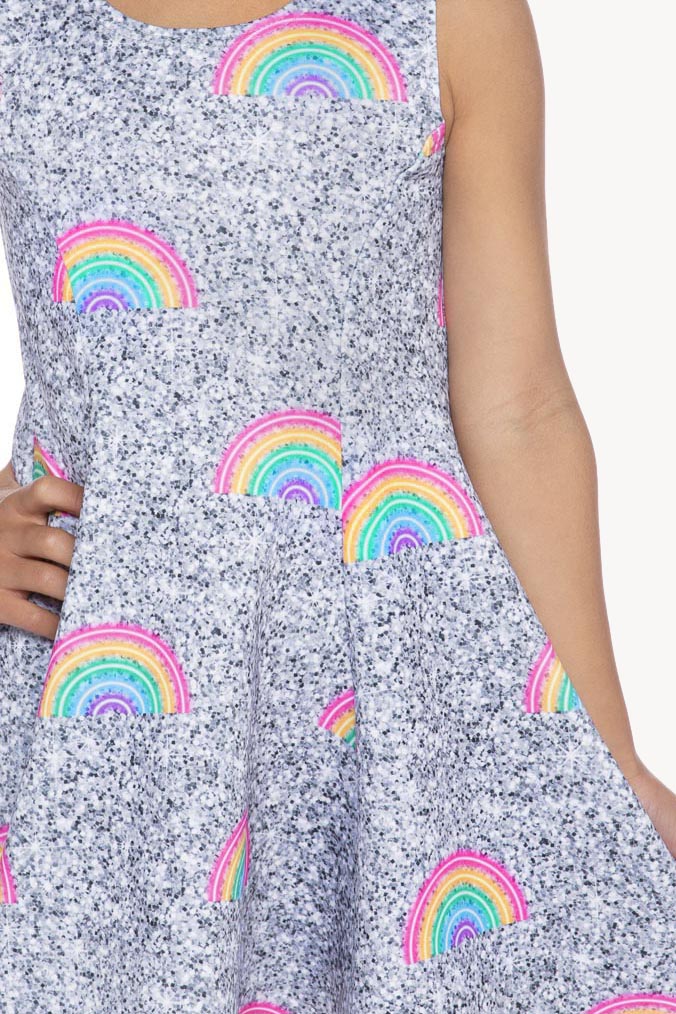 SLEEVELESS TWIRL DRESS - SILVER GLITTER RAINBOW