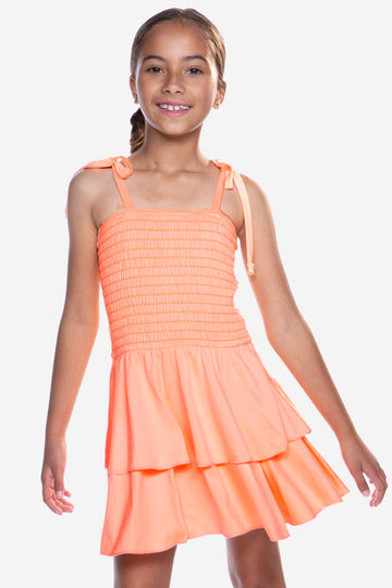 Simply Soft Smocked Ruffle Skirt Dress - Neon Melon