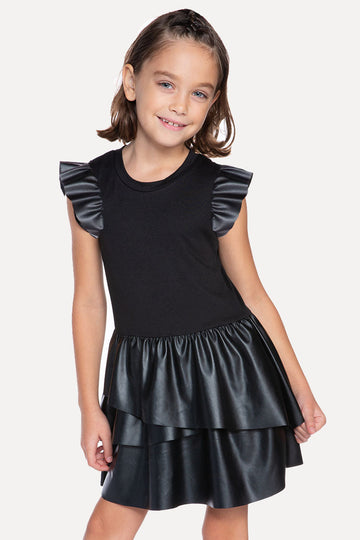 Simply Soft Flutter Sleeve Asymmetrical Skirt Dress - Black Pleather