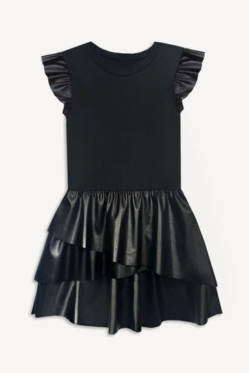 Simply Soft Flutter Sleeve Asymmetrical Skirt Dress - Black Pleather