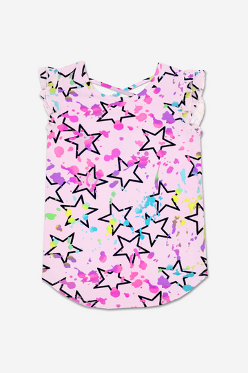 Simply Soft Flutter Sleeve Cross-Back Shirttail Top - Blush Star Splatter