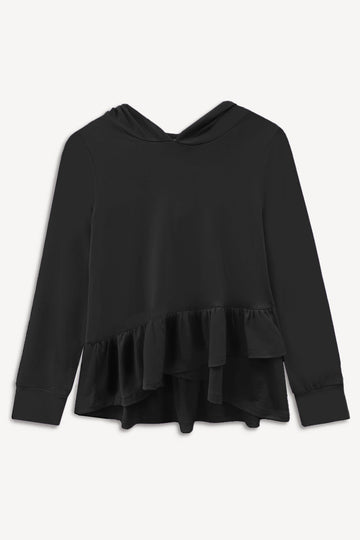 Simply Soft Knit Hoodie Pullover Ruffle Top – Black