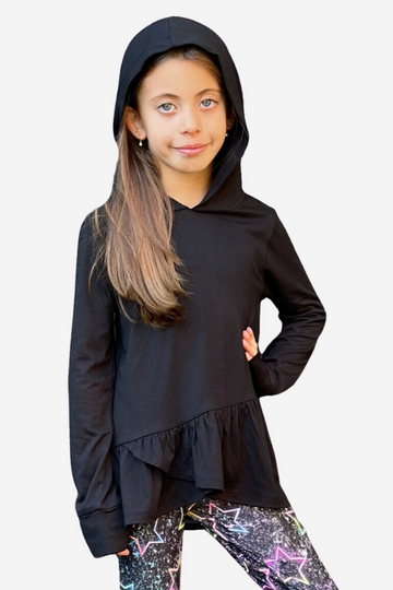 Simply Soft Knit Hoodie Pullover Ruffle Top – Black