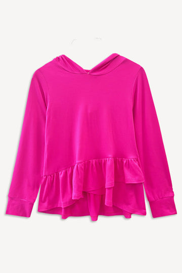 Simply Soft Knit Hoodie Pullover Ruffle Top – Neon Fuchsia