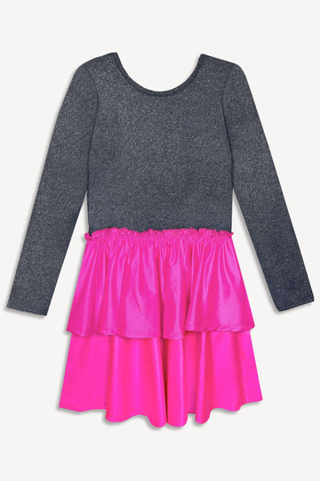 Simply Soft Long Sleeve Ruffle Skirt Be Happy Dress - Foggy Foil Pink Liquid