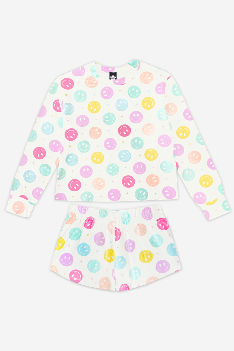 Simply Soft Long Sleeve Easy Tee & Dolphin Short - Ivory Multi Smiley Stars