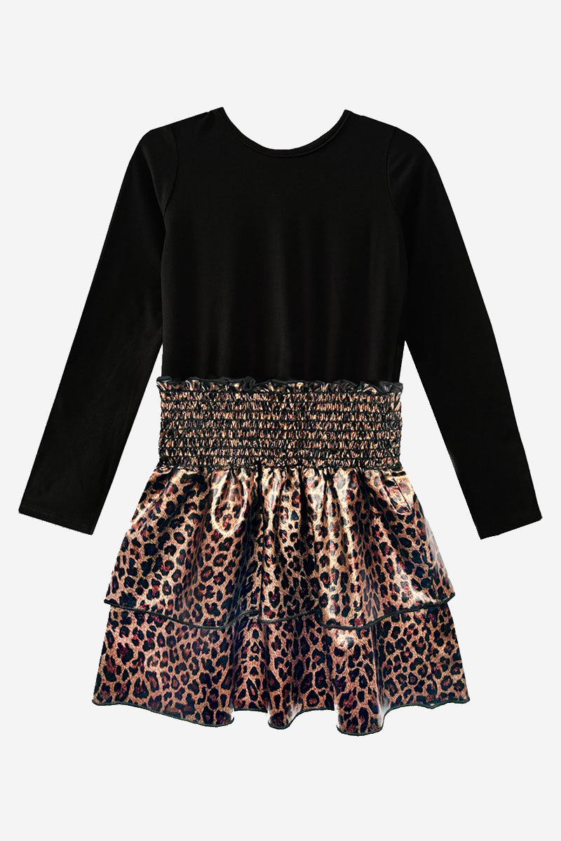 Simply Soft Long Sleeve Smocked Skirt Dress - Black Leopard Liquid
