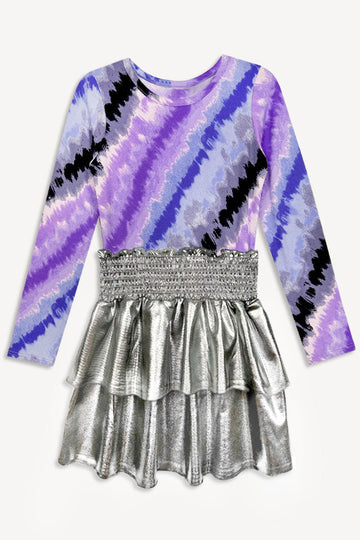 Simply Soft Long Sleeve Smocked Skirt Dress – Purple Watercolor Tie Dye Silver Glitter