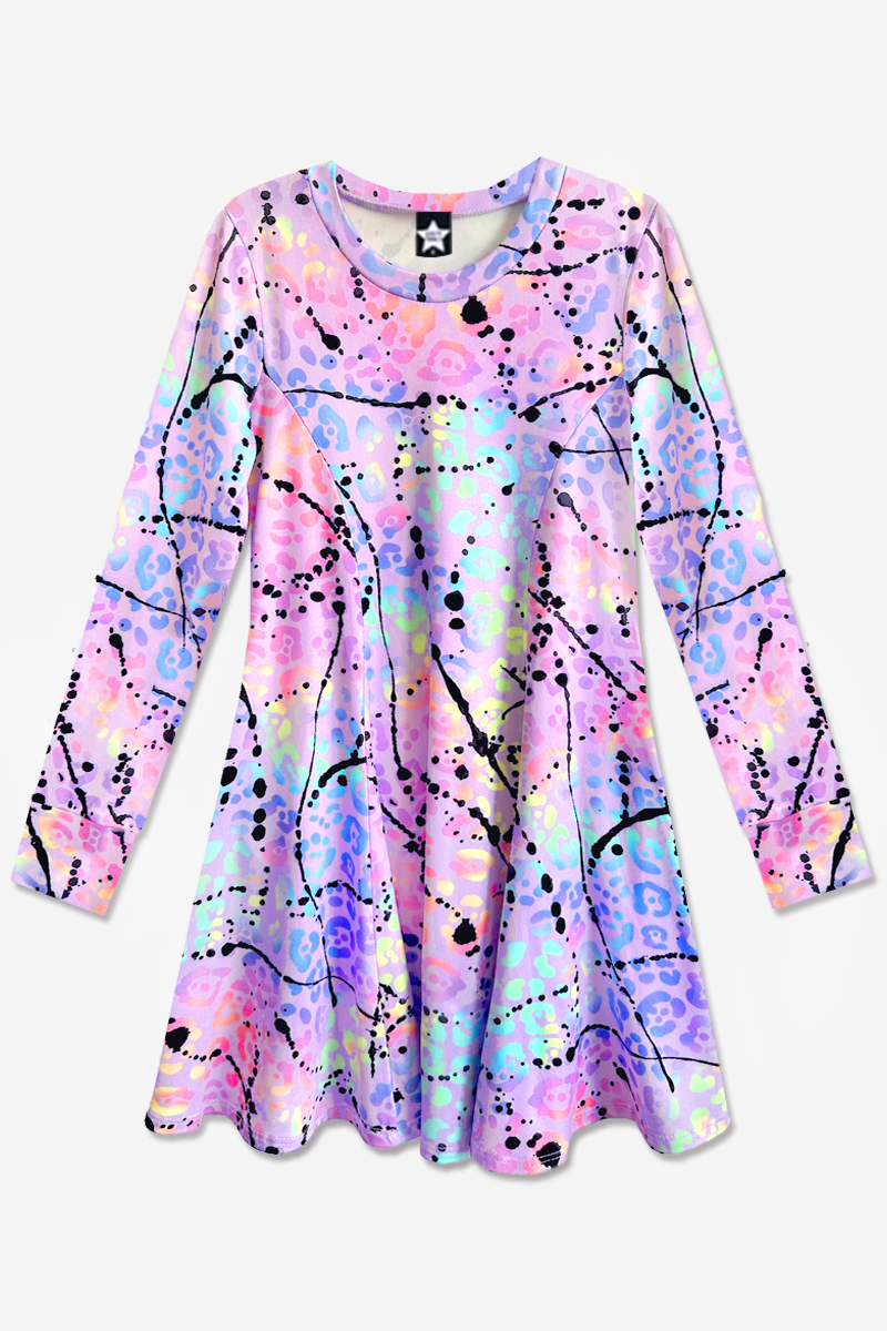 Simply Soft Long Sleeve Twirl Dress - Lilac Leopard Splatter