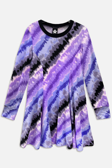 Simply Soft Long Sleeve Twirl Dress - Purple Watercolor Tie Dye