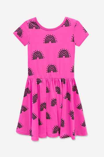 Simply Soft Short Sleeve Be Happy Dress - Neon Fuchsia Pink Rainbows