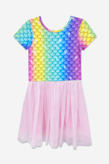 Simply Soft Short Sleeve Be Happy Tulle Dress - Pink Rainbow Mermaid